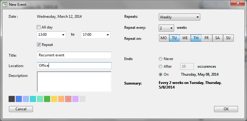 CalendarView Edit event window